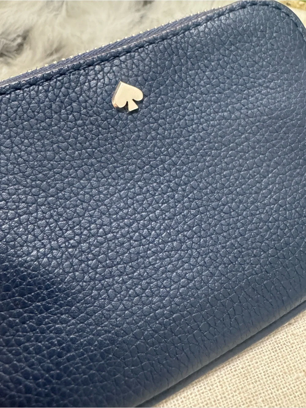 Kate Spade ♠️ Zip Coin Purse Pouch Navy Pebbled Leather Gold Hardware